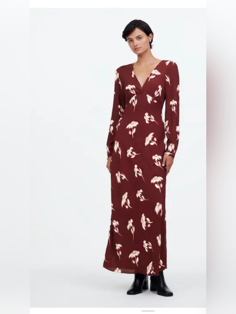 Madewell bordeaux cream floral V-Neck Cuff-Sleeve Maxi crepe Dress size 0 new‎